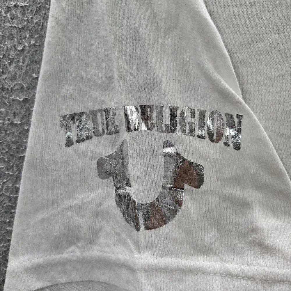 True Religion‎ Men Shirt LARGE White Logo Silver Foil Short Sleeve